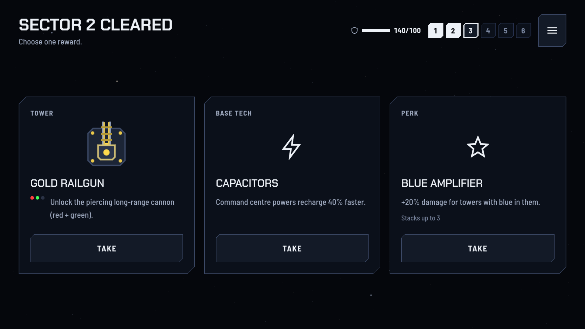Choosing one of three rewards after a sector
